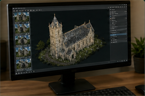 Photogrammetry software showing a detailed church model