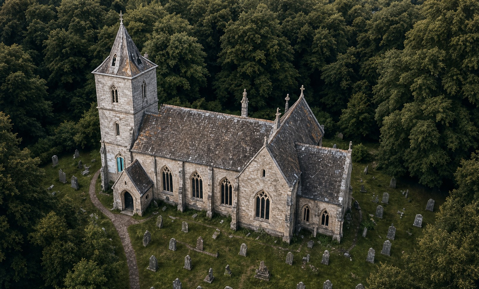 Aerial view of a historic church